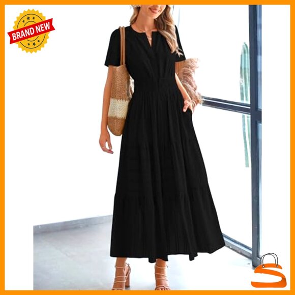 Lightweight Midi Maxi Dress V Neck Elastic Waist Boho Beach Casual Pockets - Picture 2 of 7